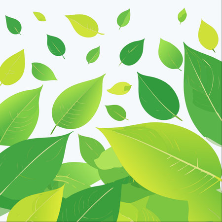 A vibrant cascade of fresh green leaves tumbles through the air, symbolizing growth, renewal, and the pure energy of nature.のイラスト素材