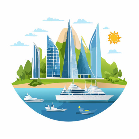 A stunning view of a futuristic metropolis nestled on a lush green island.のイラスト素材