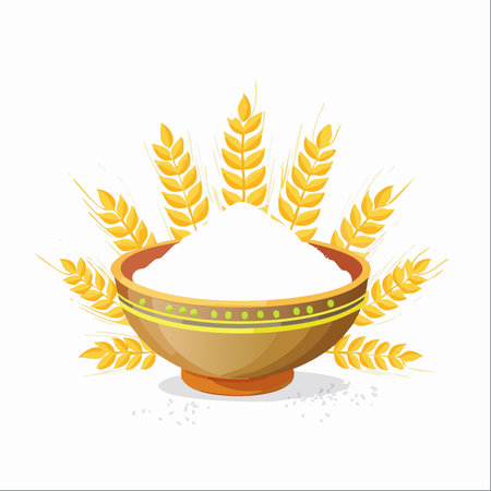 A decorative ceramic bowl is filled to the brim with finely milled white flour, a fundamental ingredient for baking.のイラスト素材
