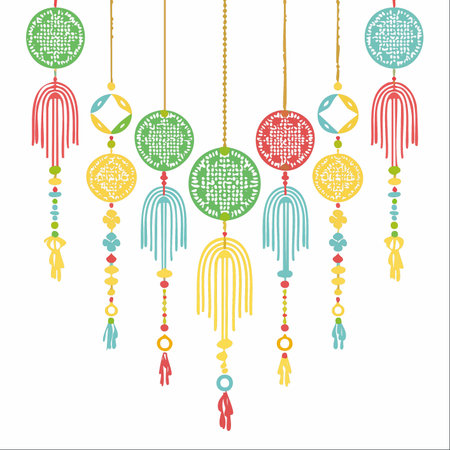 A collection of colorful, handcrafted ornaments hangs against a clean white background.のイラスト素材