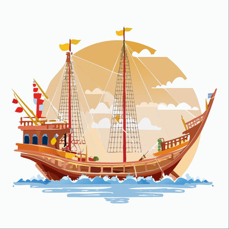 A beautifully illustrated historic wooden ship embarks on a grand voyage across the open ocean.のイラスト素材