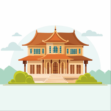 A beautifully illustrated traditional Chinese mansion stands peacefully against a backdrop of distant mountains and soft clouds.のイラスト素材