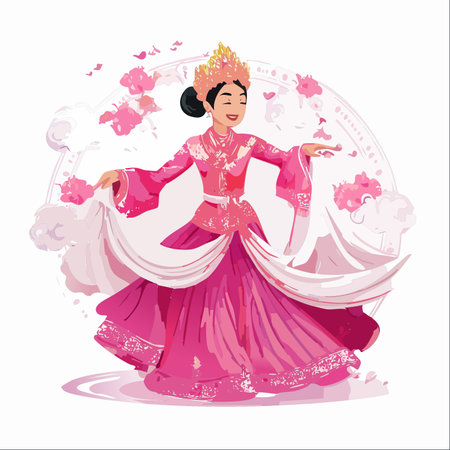 A beautiful Asian woman with a joyful smile performs a traditional dance.のイラスト素材