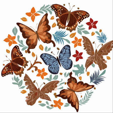 A beautiful collection of delicate butterflies, in shades of earthy brown and a striking blue, flutter together in a graceful circle.のイラスト素材
