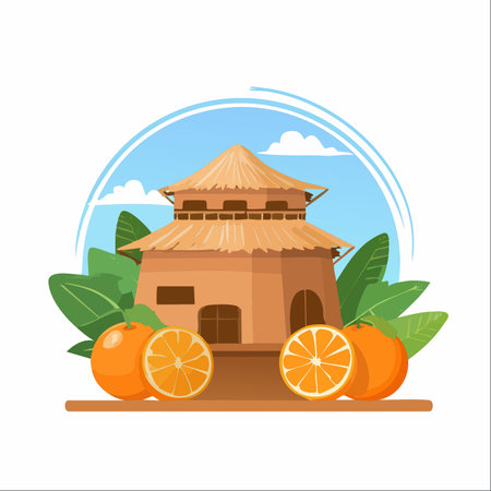 An idyllic scene capturing the essence of a tropical getaway. A charming thatched-roof hut is nestled among lush green leaves, with a bounty of fresh, ripe oranges displayed in the foreground.のイラスト素材