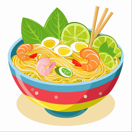 A steaming, colorful bowl of Asian noodle soup, brimming with fresh ingredients.のイラスト素材