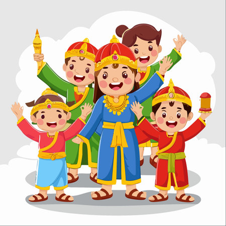 A group of adorable children, dressed in vibrant traditional costumes from Southeast Asia, wave happily during a cultural parade.のイラスト素材