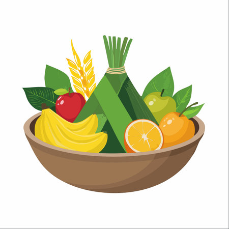 A beautifully arranged bowl overflows with nature's bounty, featuring a colorful assortment of fresh fruits like apples, oranges, and bananas, alongside a stalk of golden wheat and a traditional zong.のイラスト素材