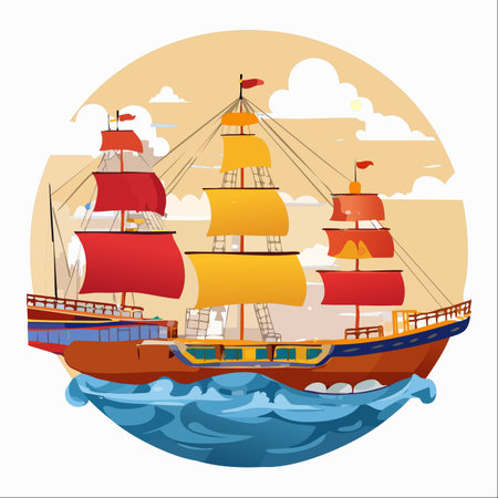 An illustrated tall ship with vibrant red and yellow sails embarks on a grand voyage across stylized seas.のイラスト素材