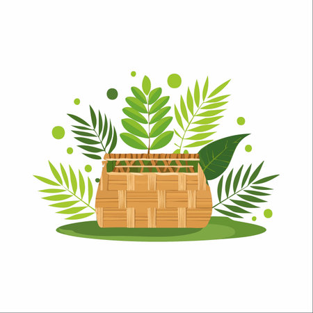 A beautifully crafted woven basket, a symbol of natural materials and traditional craftsmanship, overflows with a vibrant assortment of fresh green leaves and tropical fronds.のイラスト素材