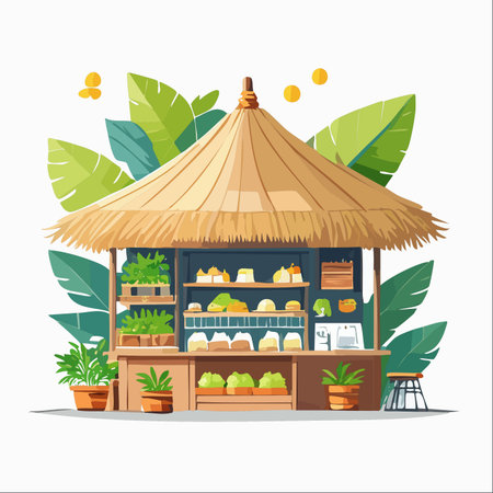 A charming tropical food kiosk with a traditional thatched roof, nestled among lush green leaves.のイラスト素材