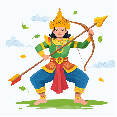 A valiant archer prince from Southeast Asian legend stands poised, drawing his bow with focused determination.のイラスト素材