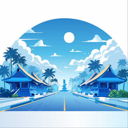 A quiet, sun-drenched road leads through a serene tropical village, flanked by traditional architecture and swaying palm trees.のイラスト素材