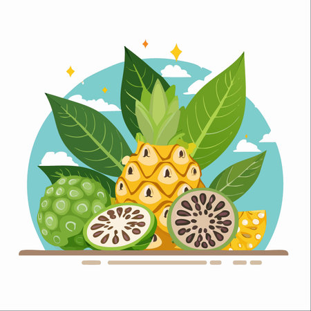 A vibrant and fresh composition of exotic tropical fruits, featuring the unique noni and a juicy pineapple.のイラスト素材
