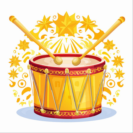 A vibrant illustration of a festive parade drum with drumsticks, surrounded by golden stars and celebratory bursts of light.のイラスト素材