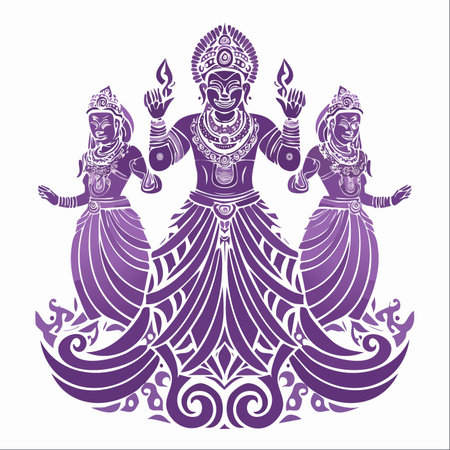 A powerful and ornate vector illustration depicting a central Hindu deity, possibly Vishnu, flanked by two goddesses.のイラスト素材