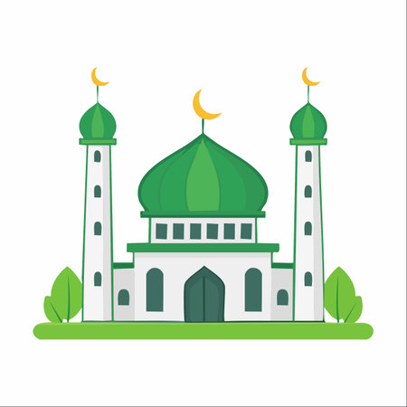 A simple and elegant vector illustration of a mosque, featuring green domes and tall minarets topped with crescent moons.のイラスト素材