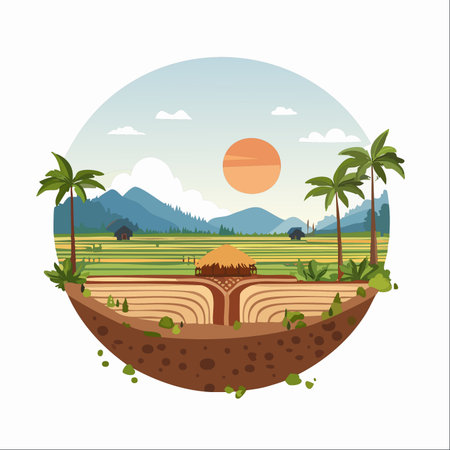 A serene and picturesque view of a rural Asian village at sunrise. Lush green and golden rice paddies stretch towards distant mountains, dotted with traditional huts and palm trees.のイラスト素材