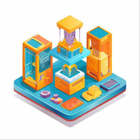 An isometric view of a futuristic, automated manufacturing facility.のイラスト素材