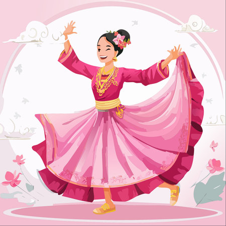 A vibrant illustration of a joyful woman celebrating her cultural heritage through dance.のイラスト素材