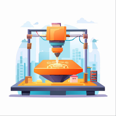 In a futuristic workshop against a city skyline, an advanced 3D printer meticulously layers material to create a complex prototype.のイラスト素材