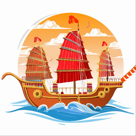 A majestic Asian junk ship with vibrant red sails navigates the open ocean waves against a warm sunset sky.のイラスト素材