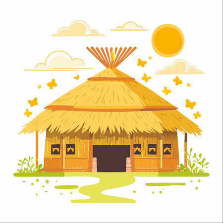 A charming vector illustration of a traditional thatched-roof hut basking in the warm glow of a sunny day.のイラスト素材