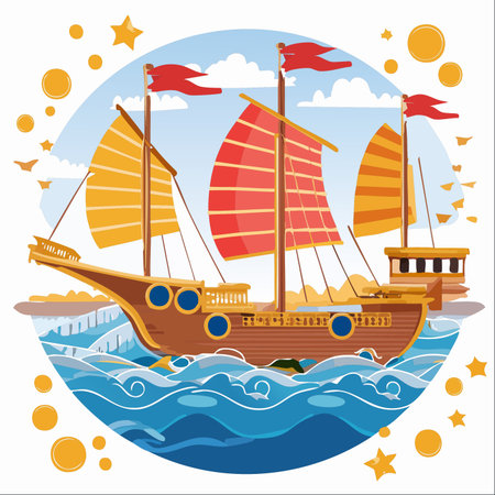 A beautifully illustrated traditional Chinese junk ship with vibrant red and yellow sails embarks on a grand voyage across a stylized ocean.のイラスト素材