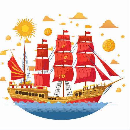 A magnificent golden galleon with vibrant red sails embarks on a fantastical journey across a calm blue sea.のイラスト素材