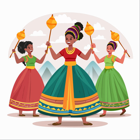 Three women, dressed in vibrant, traditional garments, perform a joyful folk dance with smiles on...