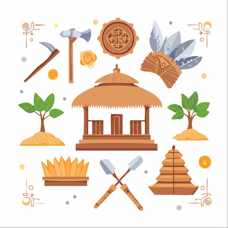 A collection of beautifully illustrated vector icons representing the essential elements of a traditional indigenous lifestyle.のイラスト素材