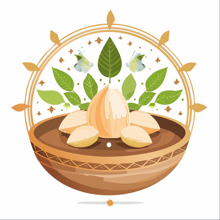 A bountiful harvest of almonds is presented in an ornate, earthy bowl.のイラスト素材