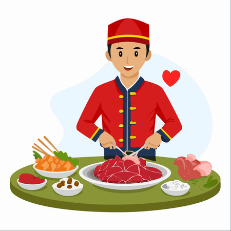 A cheerful man in a traditional red uniform lovingly prepares fresh meat for a festive meal.のイラスト素材