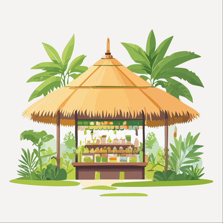 A charming tropical market stall with a traditional thatched roof, nestled among vibrant green palm leaves.のイラスト素材