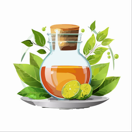 A beautifully illustrated bottle of organic lime essential oil, infused with fresh green leaves.のイラスト素材