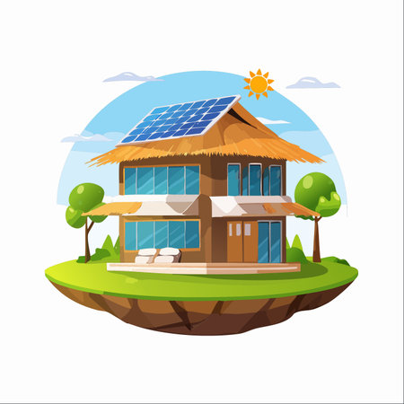 A modern, eco-friendly home harnesses the power of the sun with rooftop solar panels.のイラスト素材