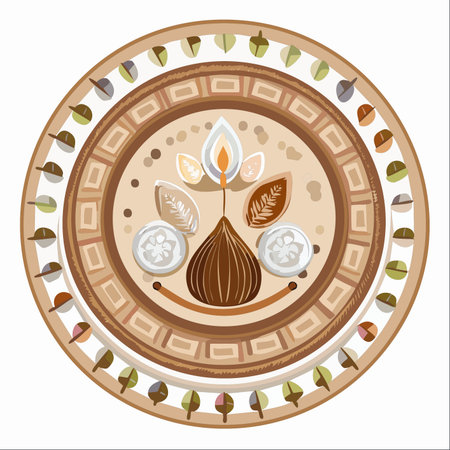 A beautifully detailed illustration of a botanical mandala, rendered in warm, earthy tones. At its heart, a stylized plant blossoms, surrounded by intricate folk art patterns and natural motifs.のイラスト素材