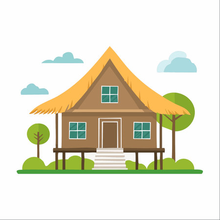 A charming traditional stilt house with a thatched roof stands peacefully in a lush, green landscape.のイラスト素材