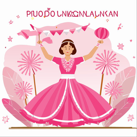 A vibrant illustration of a happy woman in a beautiful pink traditional dress, joyfully participating in a cultural festival.のイラスト素材