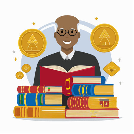 An illustration of a wise, elderly judge or scholar smiling behind a stack of law books, representing a lifetime of knowledge.のイラスト素材