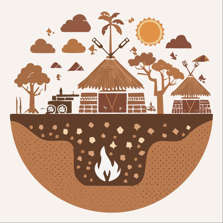 A conceptual illustration depicting a self-sufficient village powered by clean, geothermal energy from the earth's core.のイラスト素材