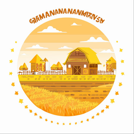 A charming farmstead basks in the warm, golden light of a setting sun. A classic wooden barn stands proudly beside smaller farmhouses, enclosed by a simple fence.のイラスト素材