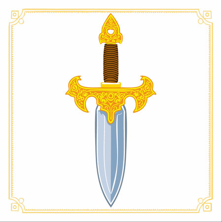 An enchanted dagger, fit for royalty or a legendary hero, is displayed within a decorative frame. Its ornate golden hilt gleams, hinting at magical properties and epic quests.のイラスト素材