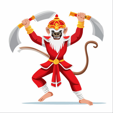 A powerful and legendary monkey warrior, inspired by the epic tales of Hanuman, stands ready for battle.のイラスト素材