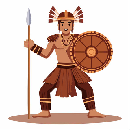 A proud and smiling indigenous warrior stands ready for battle, holding his traditional spear and shield.のイラスト素材