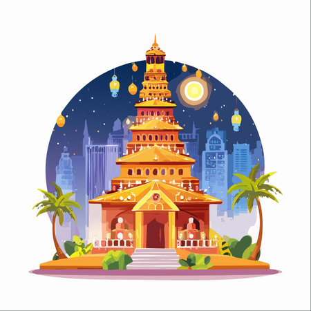 An ancient, golden pagoda stands as a serene oasis, its warm lights and festive lanterns glowing against the cool, modern skyline of a bustling metropolis.のイラスト素材