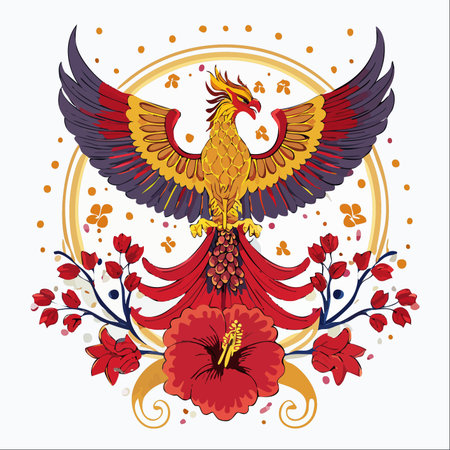 A majestic phoenix, a symbol of rebirth and immortality, rises with vibrant wings spread wide.のイラスト素材