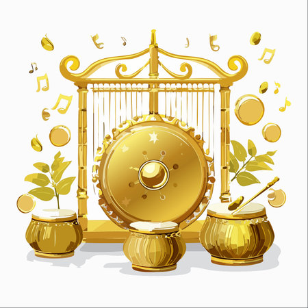 A beautiful vector illustration of a traditional Gamelan ensemble, rendered in shimmering gold.のイラスト素材