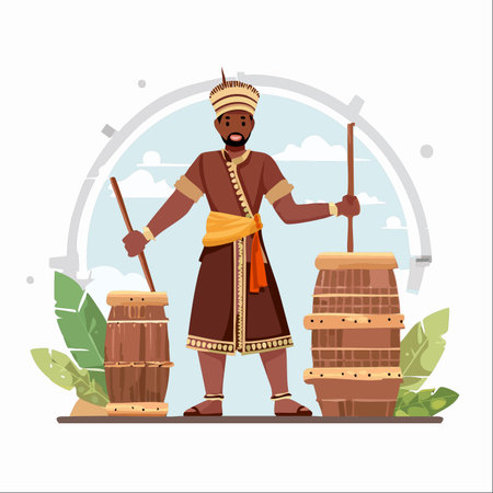 A vector illustration of a proud African man dressed in traditional clothing, engaged in the timeless craft of food preparation.のイラスト素材