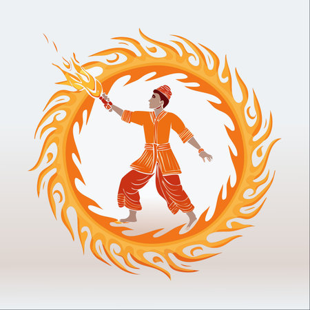 A skilled performer in traditional Indian attire masterfully wields a flaming torch, creating a spectacular ring of fire.のイラスト素材
